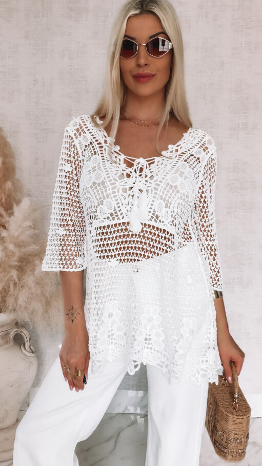 Ażurowa bawełniana bluzka w szydełkowym stylu ONE SIZE biała - R933A