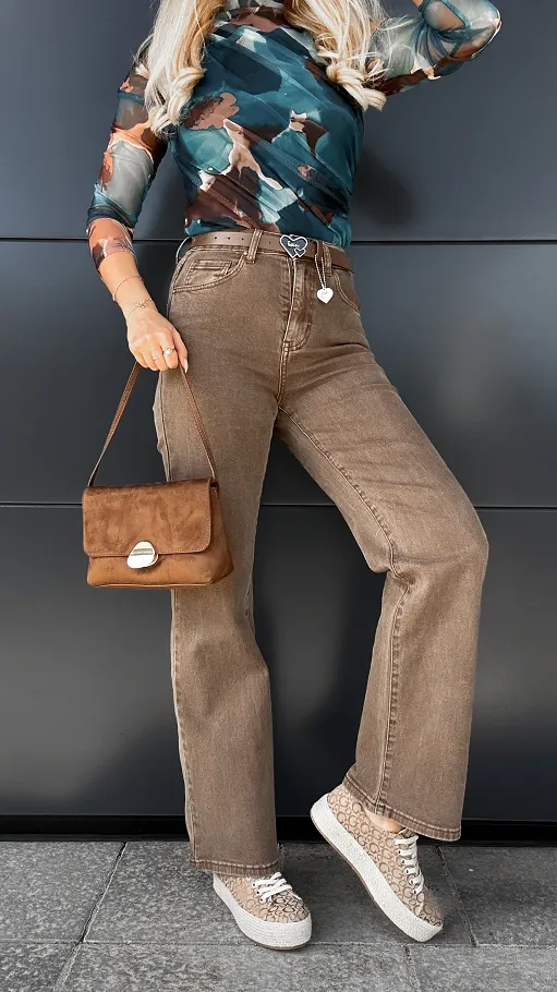 Klasyczne elastyczne spodnie jeansowe WIDE LEG FIT z paskiem - R003