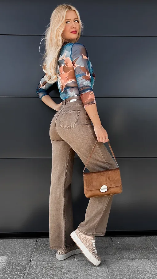 Klasyczne elastyczne spodnie jeansowe WIDE LEG FIT z paskiem - R003