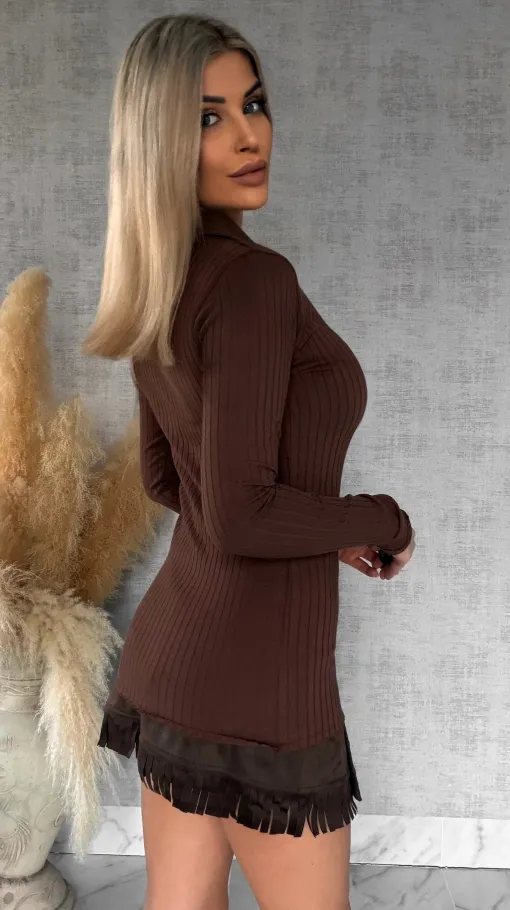 Bawełniana czekoladowa bluzka w prążki z kieszonką - N998B