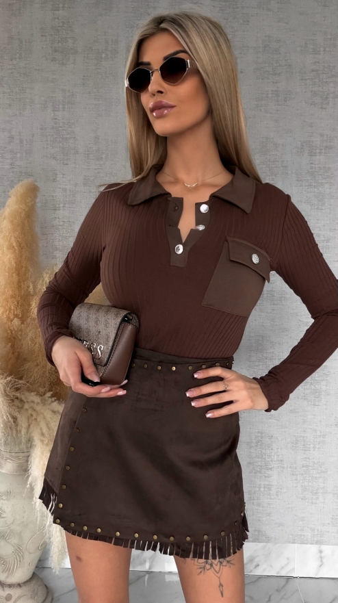 Bawełniana czekoladowa bluzka w prążki z kieszonką - N998B