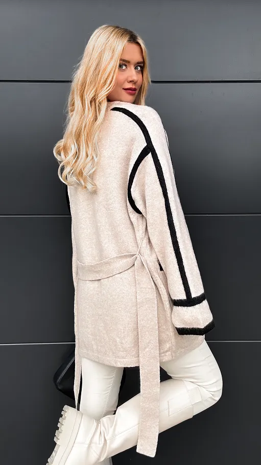 Wiązany beżowy kardigan z kieszeniami ONE SIZE - R081A