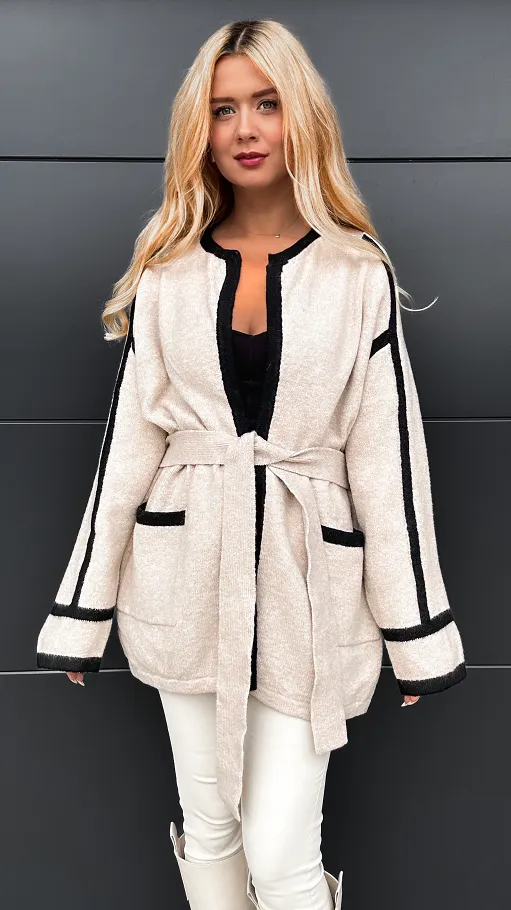 Wiązany beżowy kardigan z kieszeniami ONE SIZE - R081A