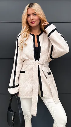 Wiązany beżowy kardigan z kieszeniami ONE SIZE - R081A