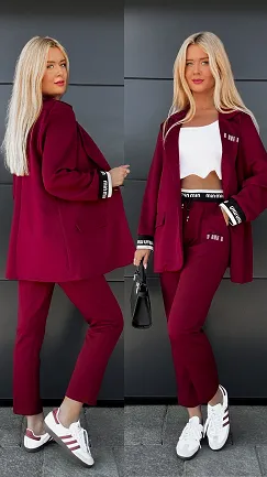 Fantastyczny bordowy komplet na jesień marynarka + spodnie ONE SIZE - R032A