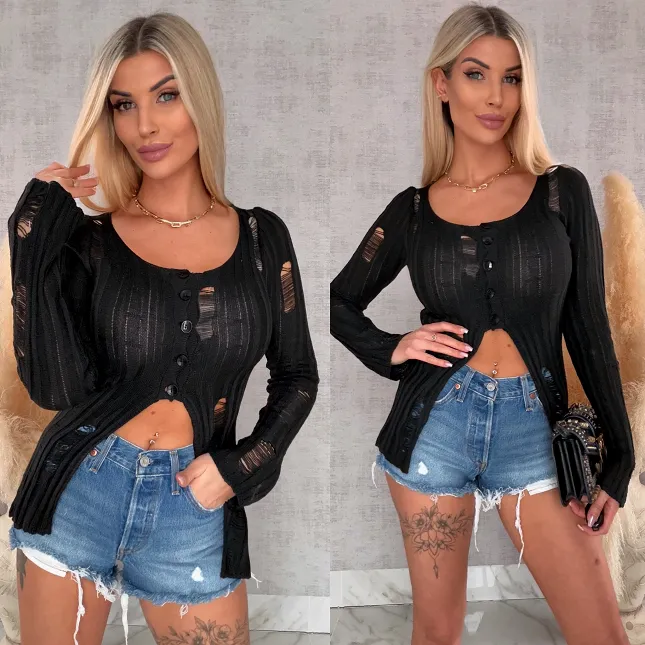 Drapany sweter z guzikami ONE SIZE czarny - R492A