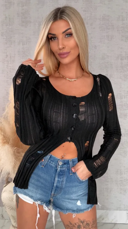 Drapany sweter z guzikami ONE SIZE czarny - R492A