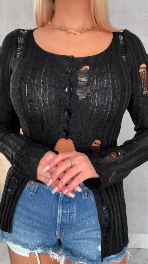 Drapany sweter z guzikami ONE SIZE czarny - R492A