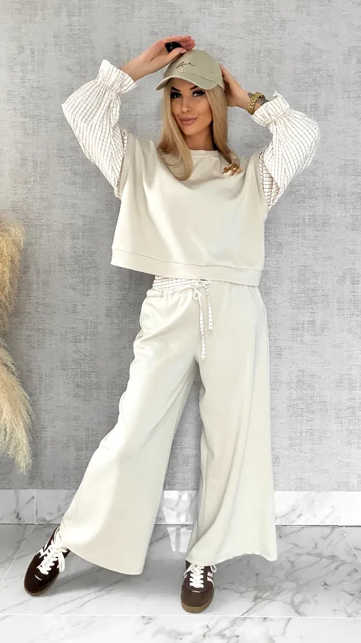 Luźna bluza z rękawami w kratkę i broszką ONE SIZE beżowa - R426B