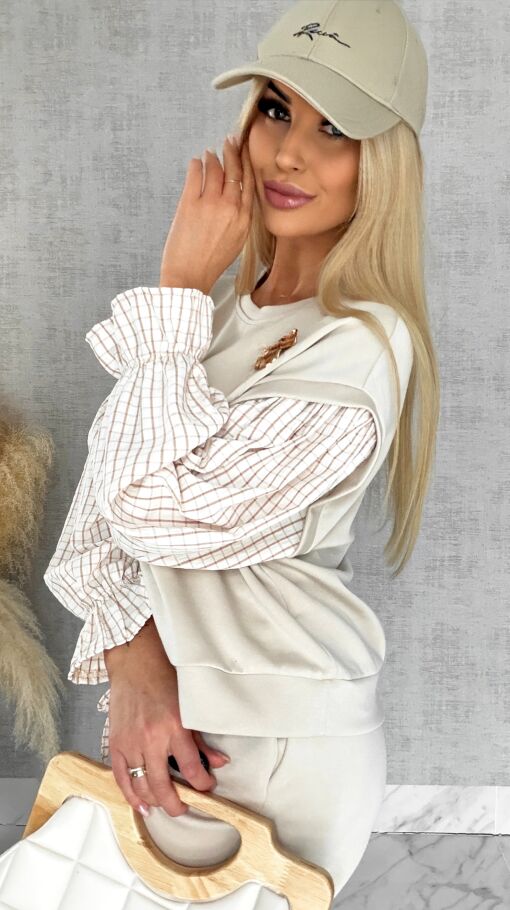 Luźna bluza z rękawami w kratkę i broszką ONE SIZE beżowa - R426B