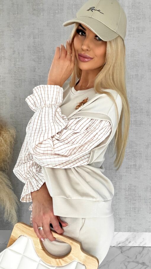 Luźna bluza z rękawami w kratkę i broszką ONE SIZE beżowa - R426B