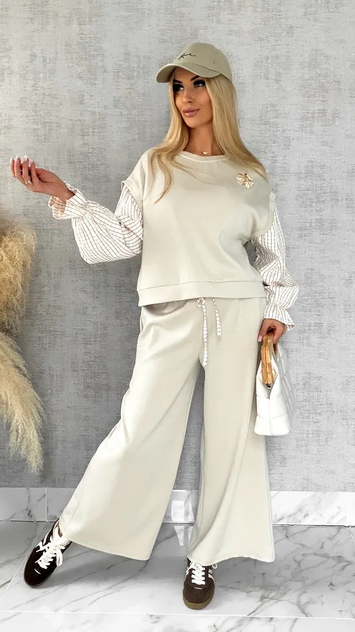 Luźna bluza z rękawami w kratkę i broszką ONE SIZE beżowa - R426B