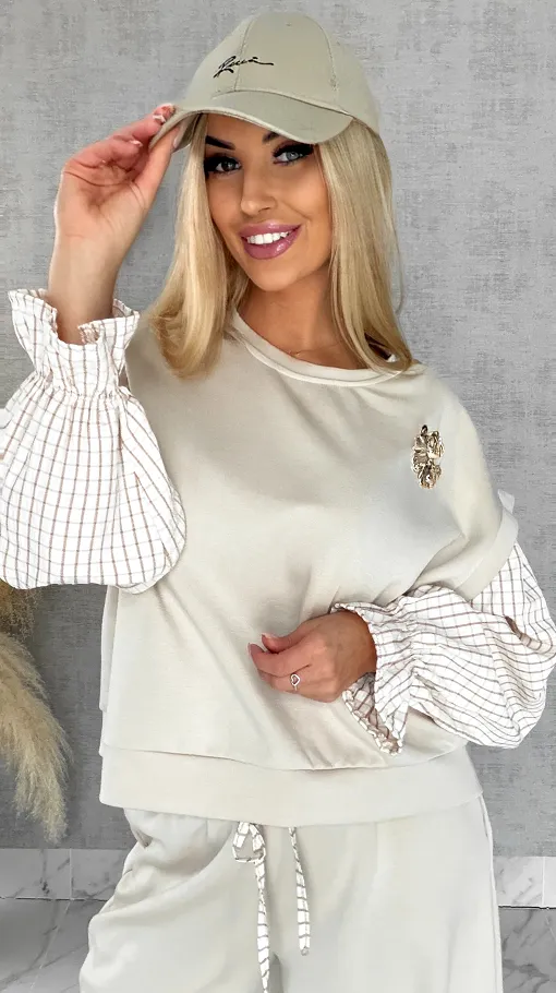 Luźna bluza z rękawami w kratkę i broszką ONE SIZE beżowa - R426B