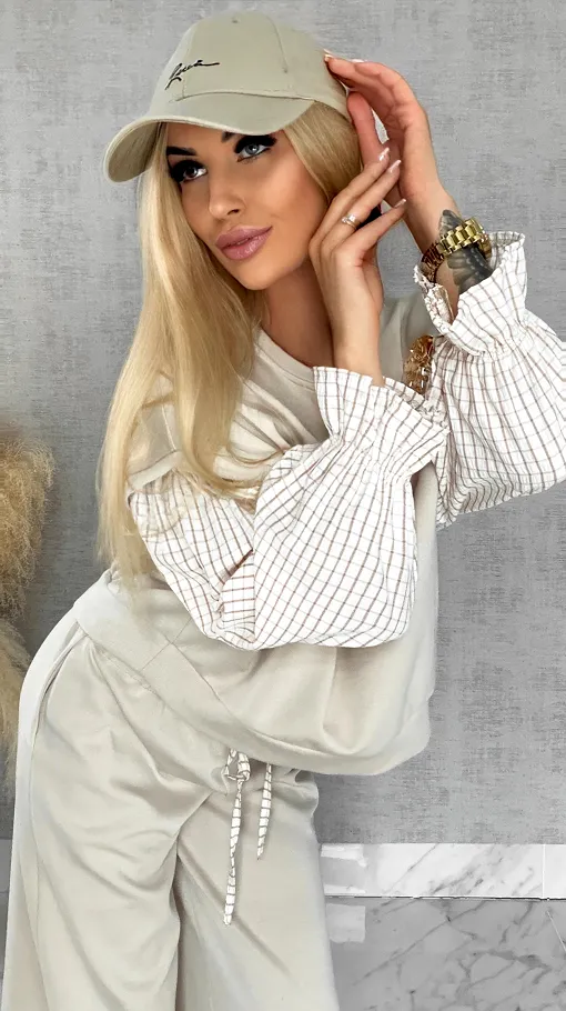 Luźna bluza z rękawami w kratkę i broszką ONE SIZE beżowa - R426B