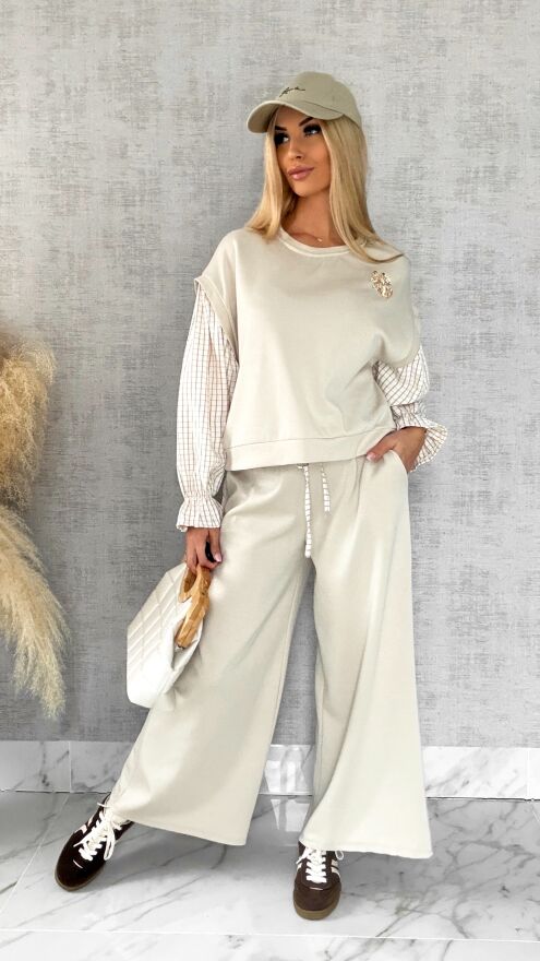 Luźna bluza z rękawami w kratkę i broszką ONE SIZE beżowa - R426B