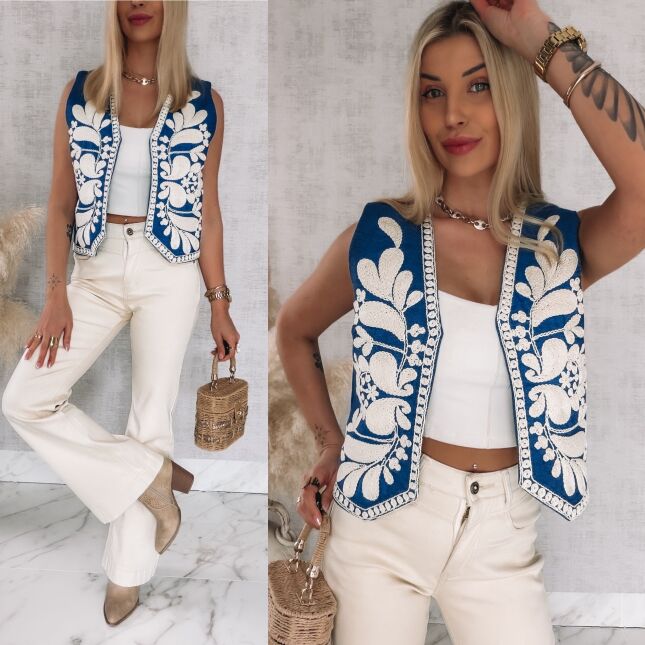 Miękka jeansowa kamizelka z białymi haftami ONE SIZE 100% bawełna - R917