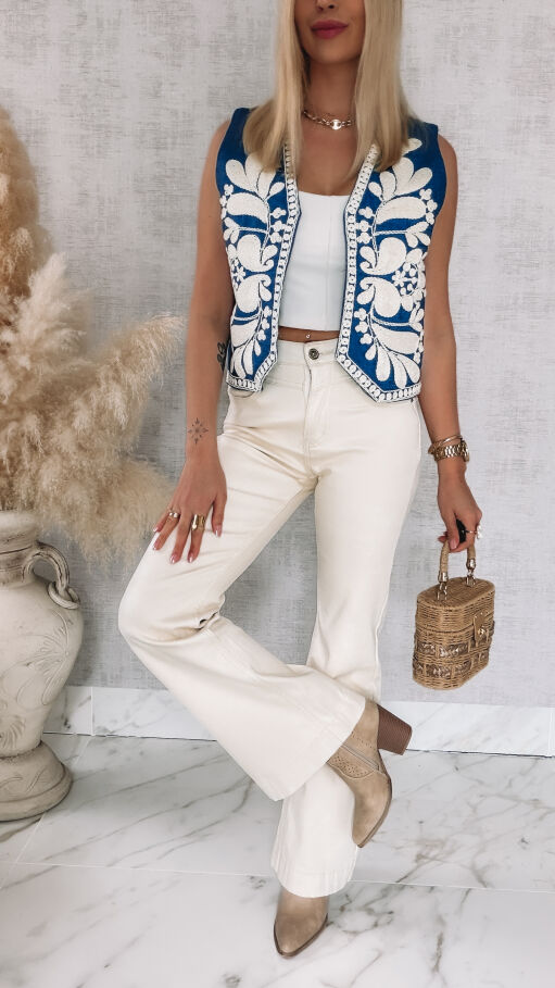 Miękka jeansowa kamizelka z białymi haftami ONE SIZE 100% bawełna - R917