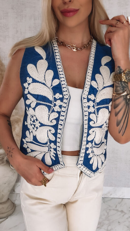 Miękka jeansowa kamizelka z białymi haftami ONE SIZE 100% bawełna - R917