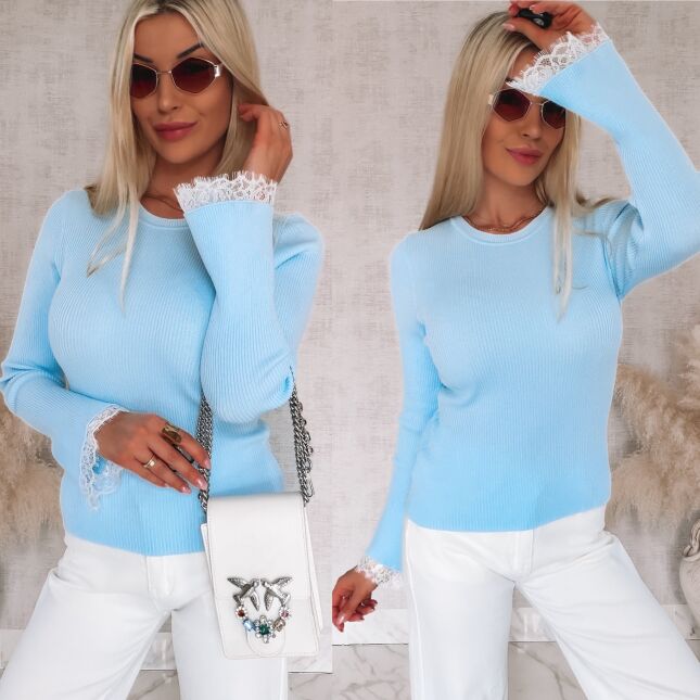 Oryginalna bluzka z dzwonkami i koronką na rękawach ONE SIZE blue - R590A