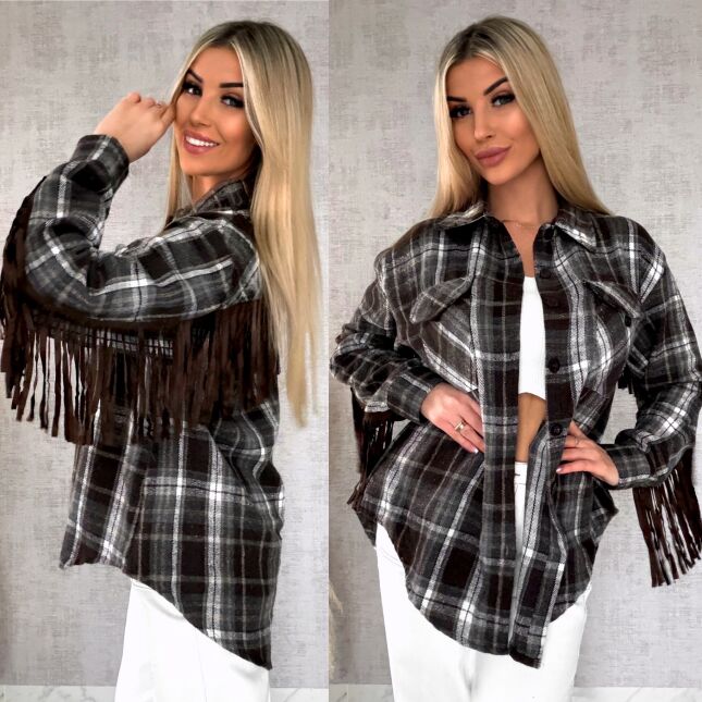 Czekoladowa bawełniana koszula w kratę z frędzlami ONE SIZE - R618