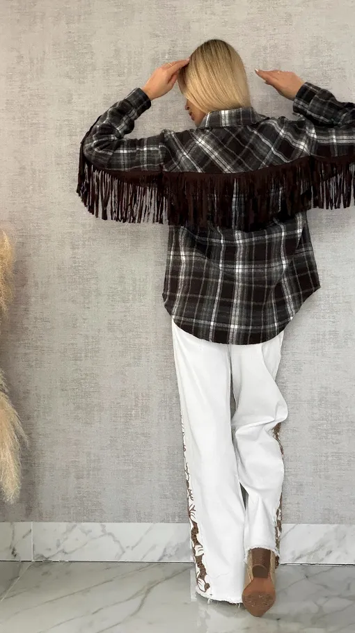 Czekoladowa bawełniana koszula w kratę z frędzlami ONE SIZE - R618