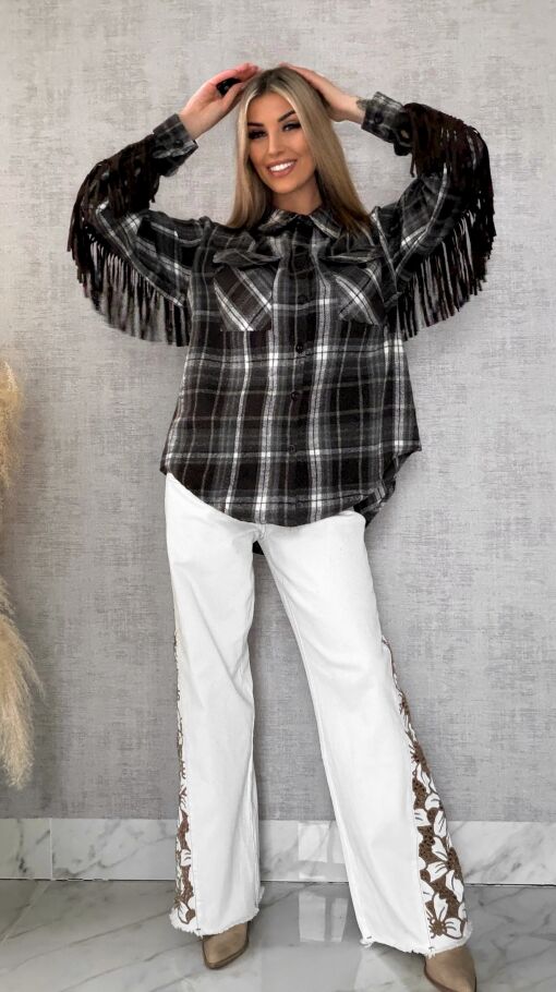 Czekoladowa bawełniana koszula w kratę z frędzlami ONE SIZE - R618