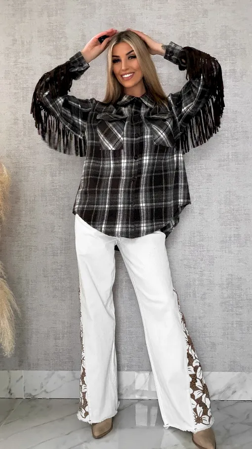 Czekoladowa bawełniana koszula w kratę z frędzlami ONE SIZE - R618