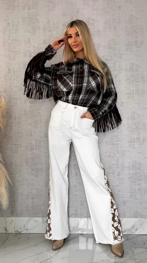 Czekoladowa bawełniana koszula w kratę z frędzlami ONE SIZE - R618