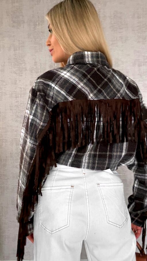 Czekoladowa bawełniana koszula w kratę z frędzlami ONE SIZE - R618