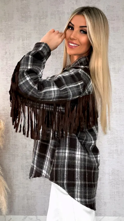 Czekoladowa bawełniana koszula w kratę z frędzlami ONE SIZE - R618