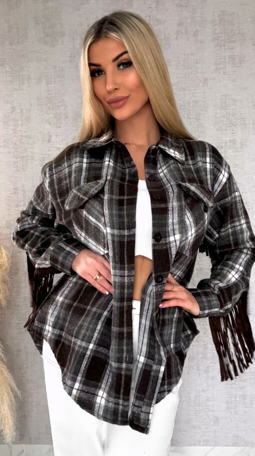 Czekoladowa bawełniana koszula w kratę z frędzlami ONE SIZE - R618