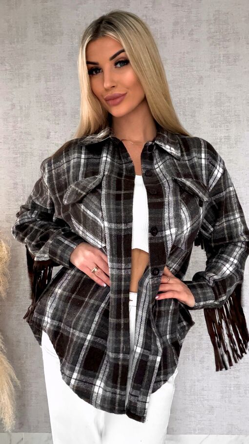 Czekoladowa bawełniana koszula w kratę z frędzlami ONE SIZE - R618
