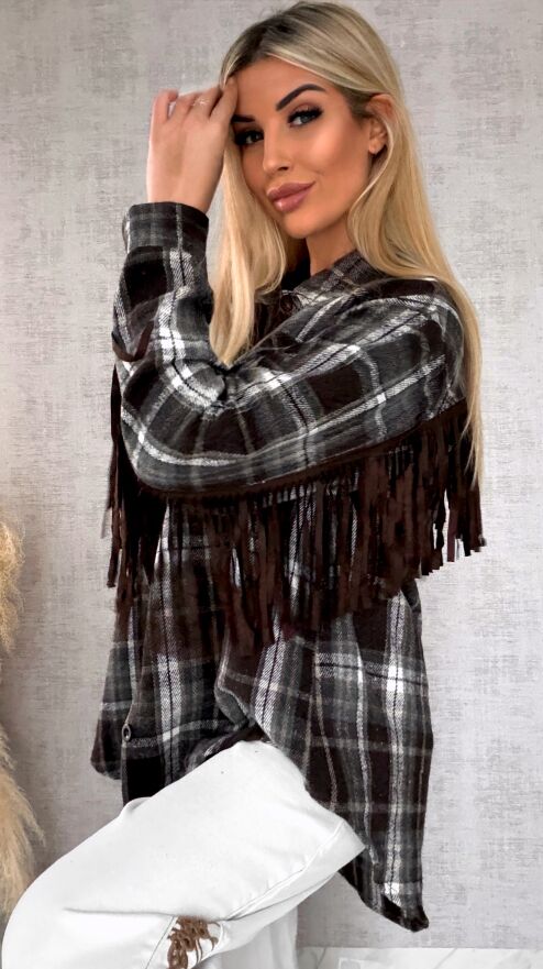 Czekoladowa bawełniana koszula w kratę z frędzlami ONE SIZE - R618