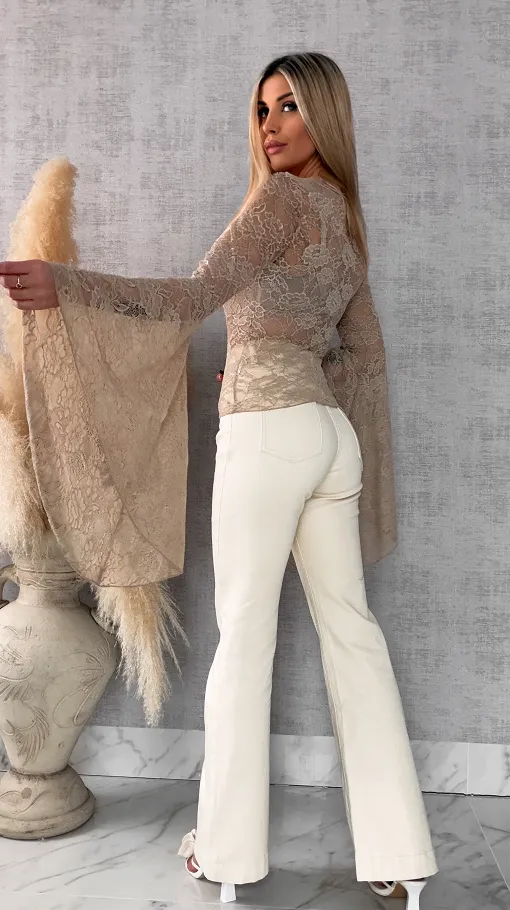 Beżowa koronkowa bluzka w szpic z dzwonkami ONE SIZE - R683B