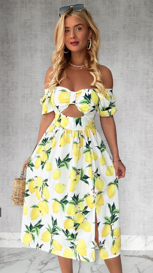 Biała sukienka w cytryny z modnym dekoltem - P742A