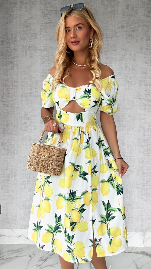 Biała sukienka w cytryny z modnym dekoltem - P742A
