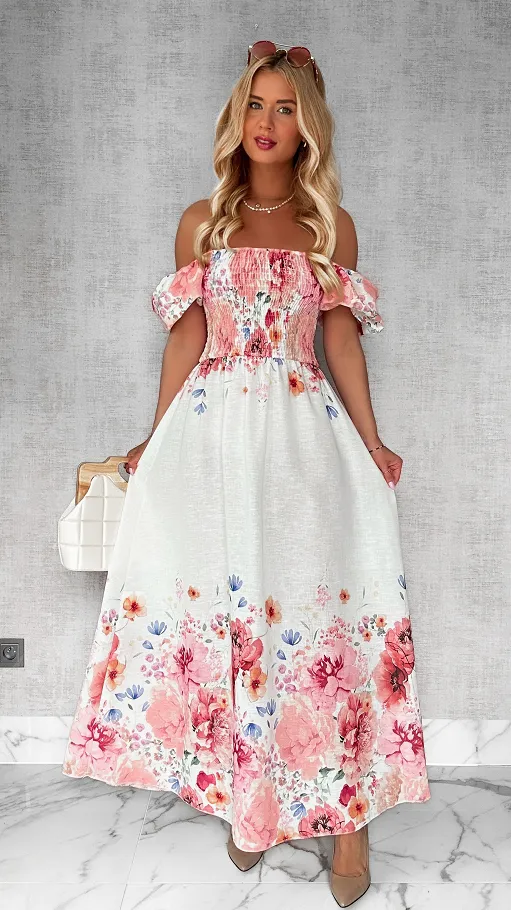 MAXI lniana sukienka hiszpanka w różowe kwiaty ONE SIZE - P743A