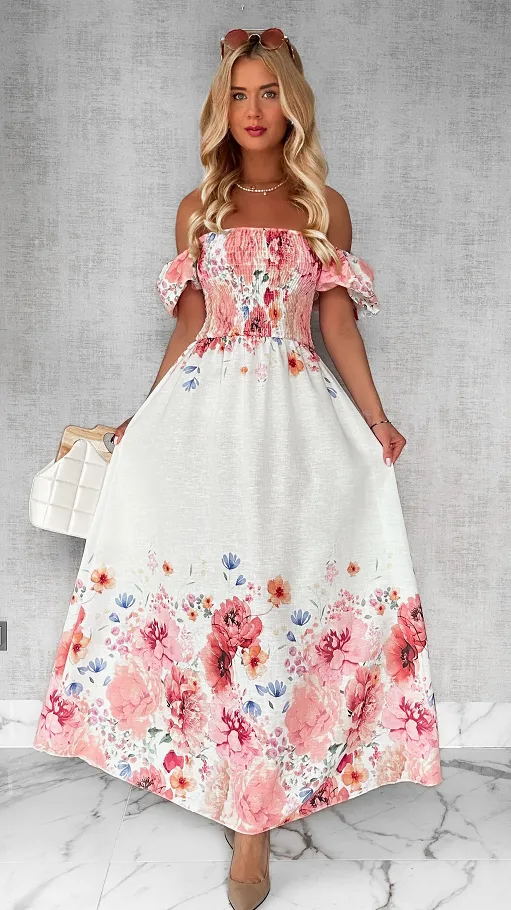 MAXI lniana sukienka hiszpanka w różowe kwiaty ONE SIZE - P743A