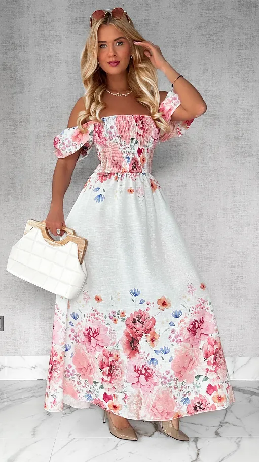MAXI lniana sukienka hiszpanka w różowe kwiaty ONE SIZE - P743A