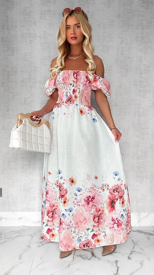 MAXI lniana sukienka hiszpanka w różowe kwiaty ONE SIZE - P743A