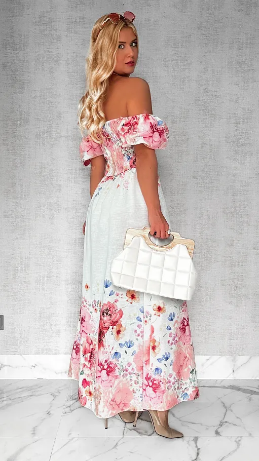 MAXI lniana sukienka hiszpanka w różowe kwiaty ONE SIZE - P743A