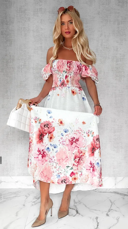 MAXI lniana sukienka hiszpanka w różowe kwiaty ONE SIZE - P743A