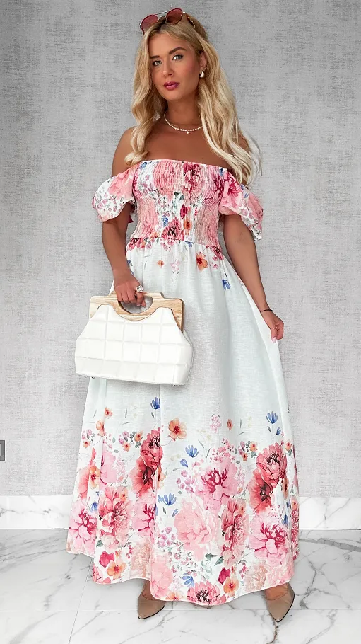 MAXI lniana sukienka hiszpanka w różowe kwiaty ONE SIZE - P743A