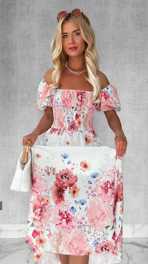 MAXI lniana sukienka hiszpanka w różowe kwiaty ONE SIZE - P743A