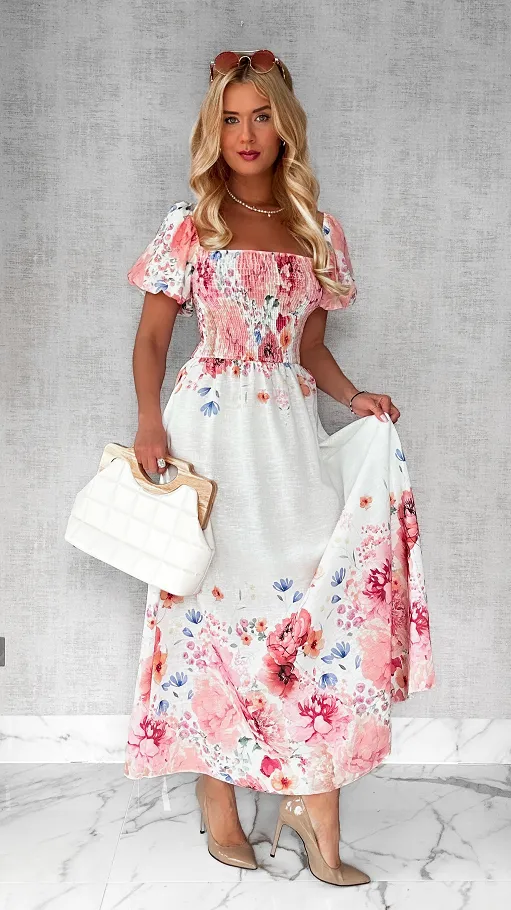 MAXI lniana sukienka hiszpanka w różowe kwiaty ONE SIZE - P743A