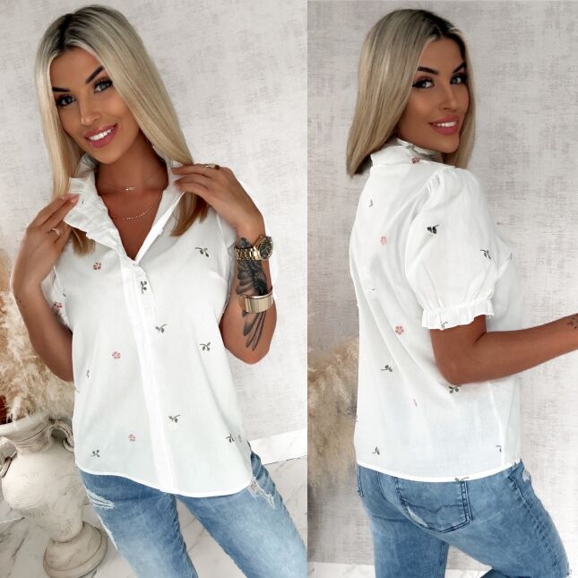 Elegancka biała koszula na lato haftowana w mini kwiatuszki - S017