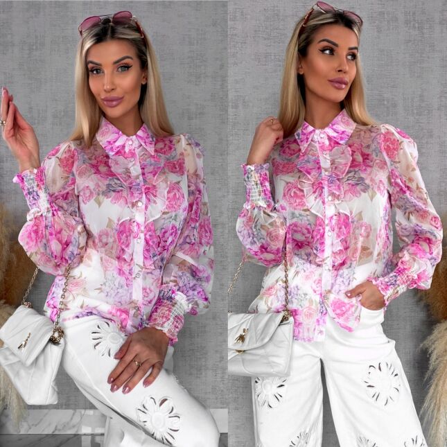 Elegancka bluzka koszulowa w różowe kwiaty - R739