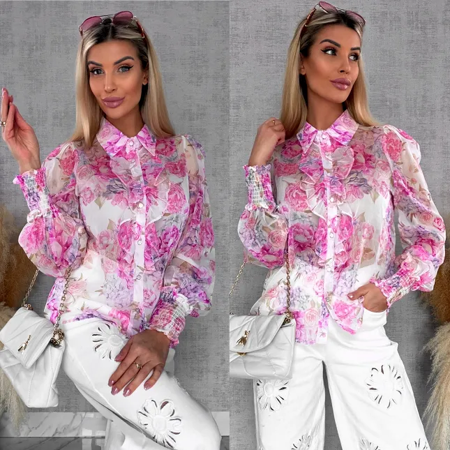 Elegancka bluzka koszulowa w różowe kwiaty - R739