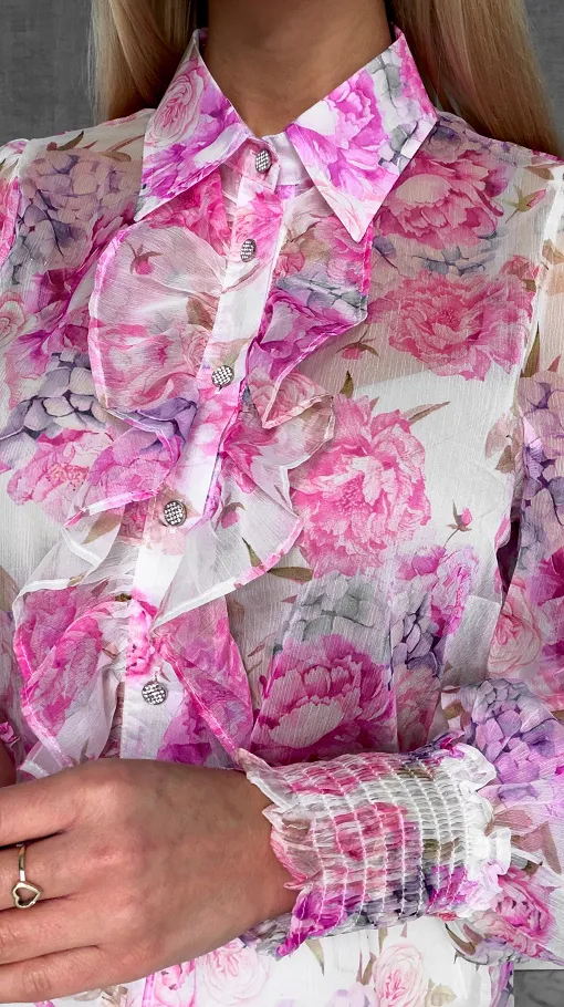 Elegancka bluzka koszulowa w różowe kwiaty - R739