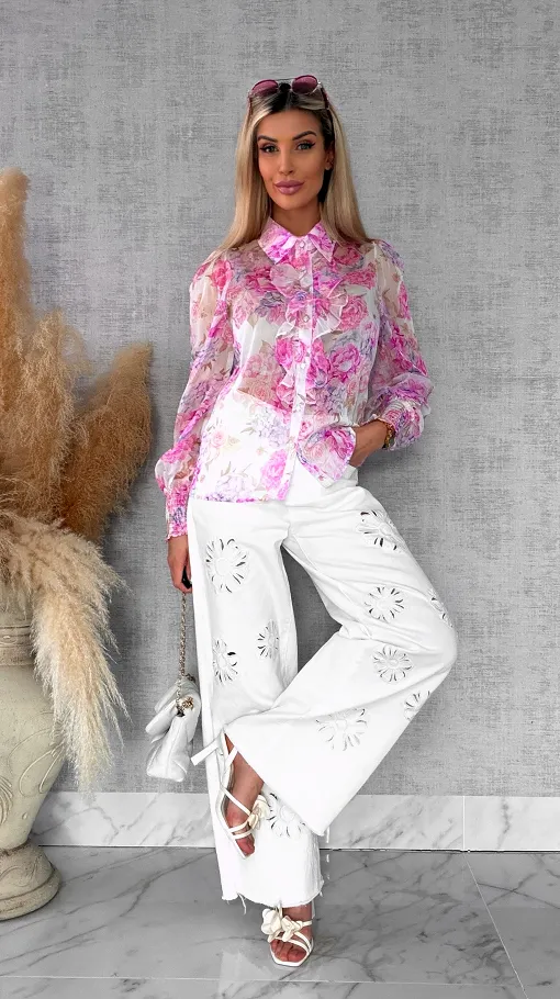 Elegancka bluzka koszulowa w różowe kwiaty - R739